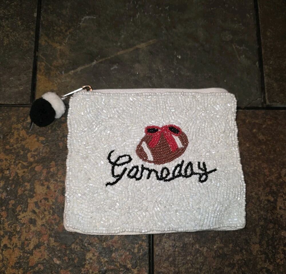 Game Day Glass Beaded Football Pouch White Wallet Womens Cute Fun Sparkly